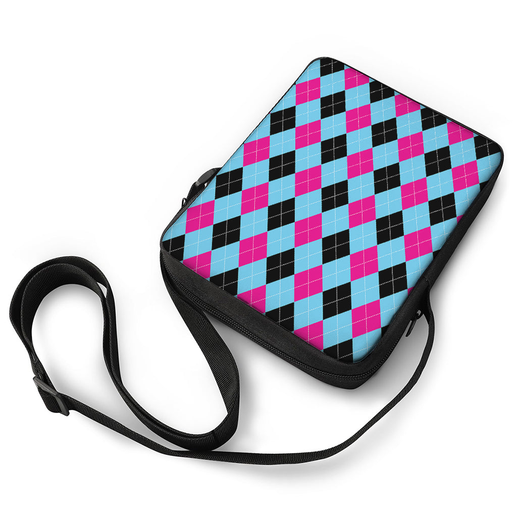 Blue Pink And Black Argyle Pattern Print Rectangular Crossbody Bag