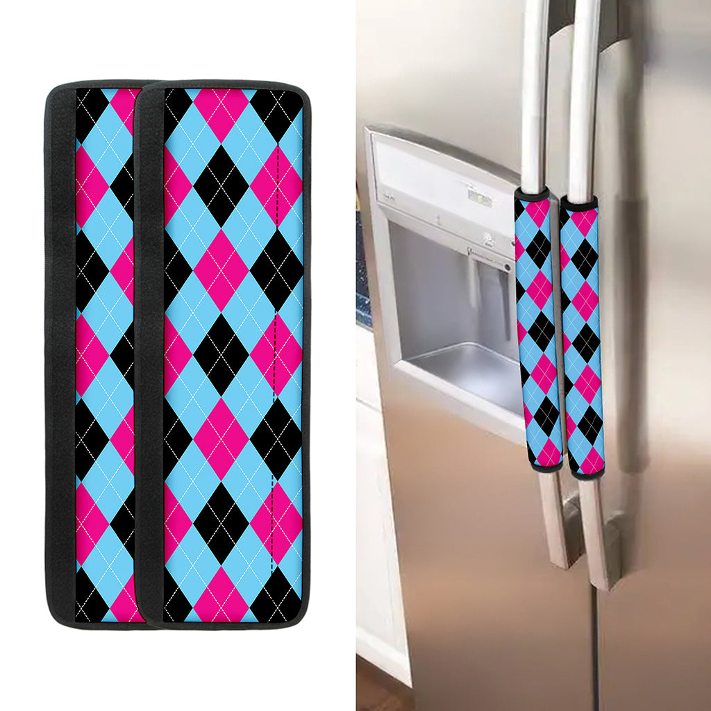Blue Pink And Black Argyle Pattern Print Refrigerator Handle Covers