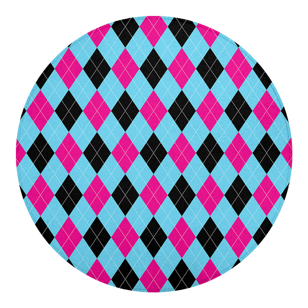 Blue Pink And Black Argyle Pattern Print Round Blanket