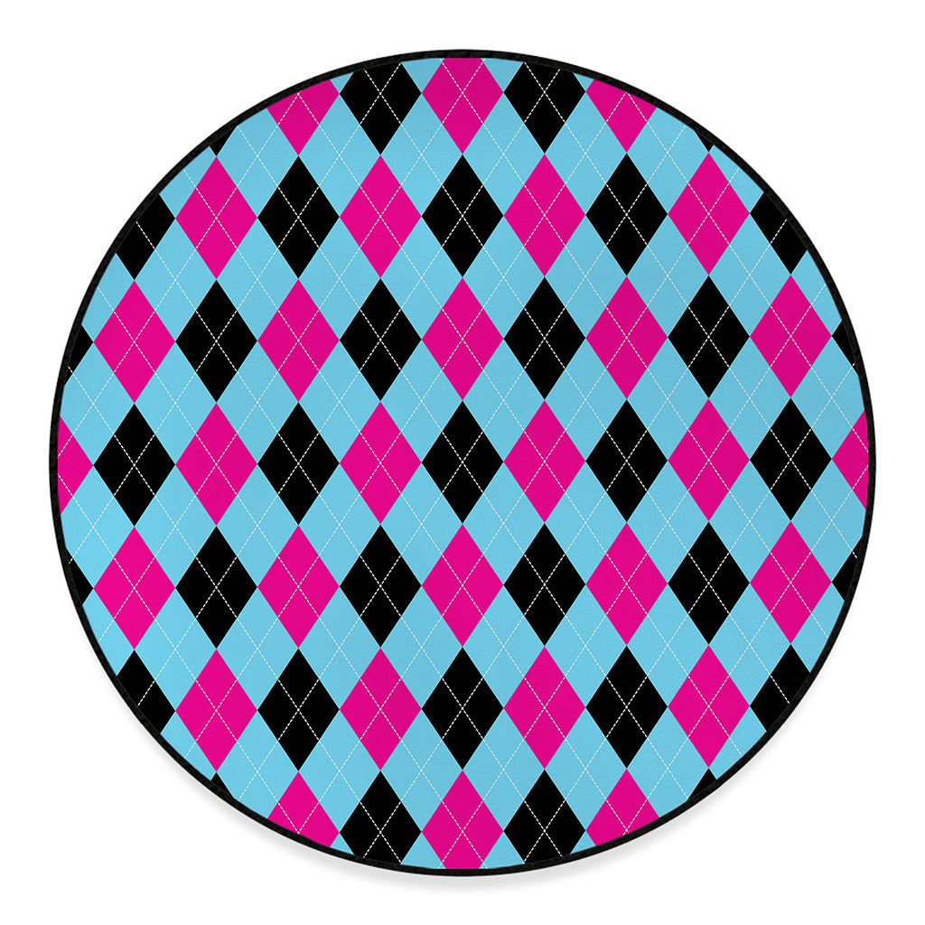 Blue Pink And Black Argyle Pattern Print Round Floor Mat