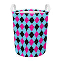 Blue Pink And Black Argyle Pattern Print Round Laundry Basket