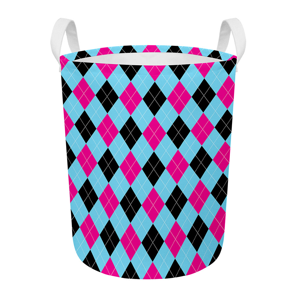 Blue Pink And Black Argyle Pattern Print Round Laundry Basket