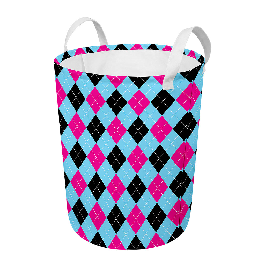 Blue Pink And Black Argyle Pattern Print Round Laundry Basket