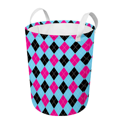 Blue Pink And Black Argyle Pattern Print Round Laundry Basket