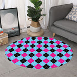Blue Pink And Black Argyle Pattern Print Round Rug