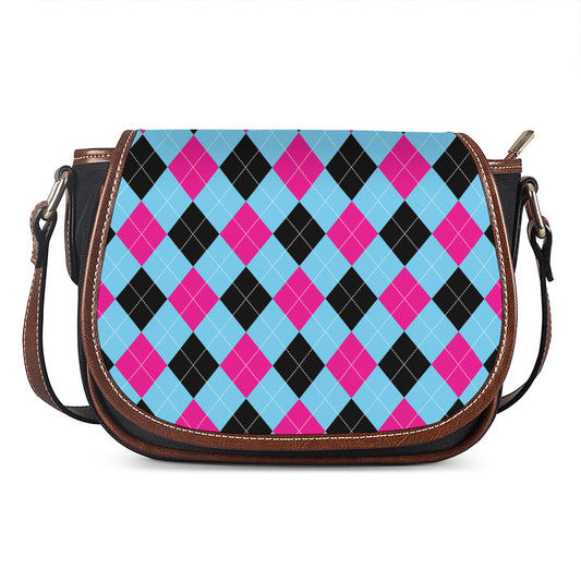 Blue Pink And Black Argyle Pattern Print Saddle Bag