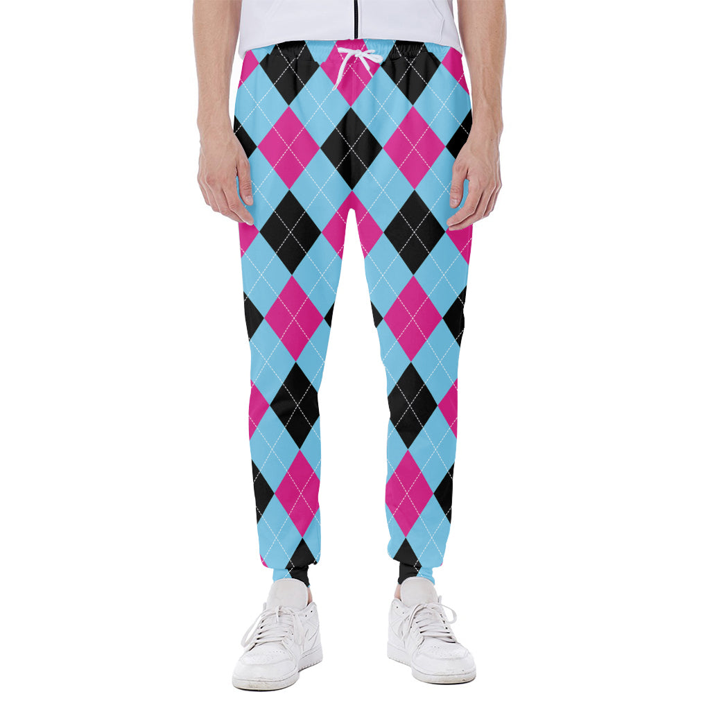 Blue Pink And Black Argyle Pattern Print Scuba Joggers