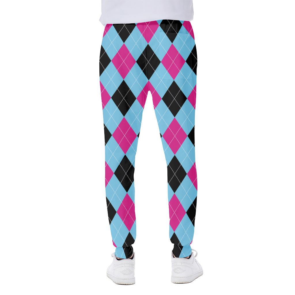 Blue Pink And Black Argyle Pattern Print Scuba Joggers
