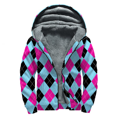 Blue Pink And Black Argyle Pattern Print Sherpa Lined Zip Up Hoodie