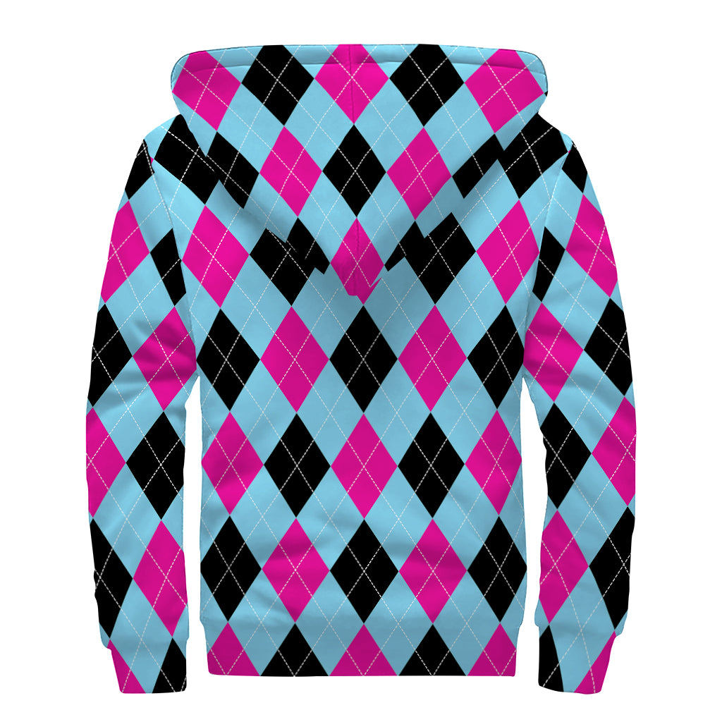 Blue Pink And Black Argyle Pattern Print Sherpa Lined Zip Up Hoodie
