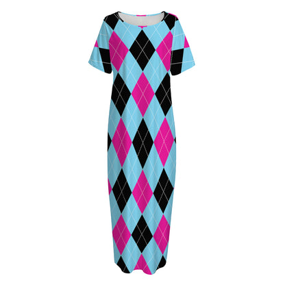 Blue Pink And Black Argyle Pattern Print Short Sleeve Long Nightdress