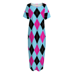 Blue Pink And Black Argyle Pattern Print Short Sleeve Long Nightdress