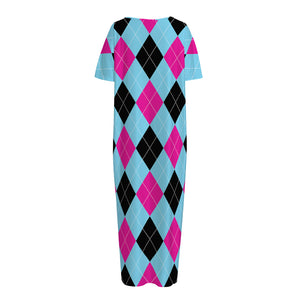 Blue Pink And Black Argyle Pattern Print Short Sleeve Long Nightdress