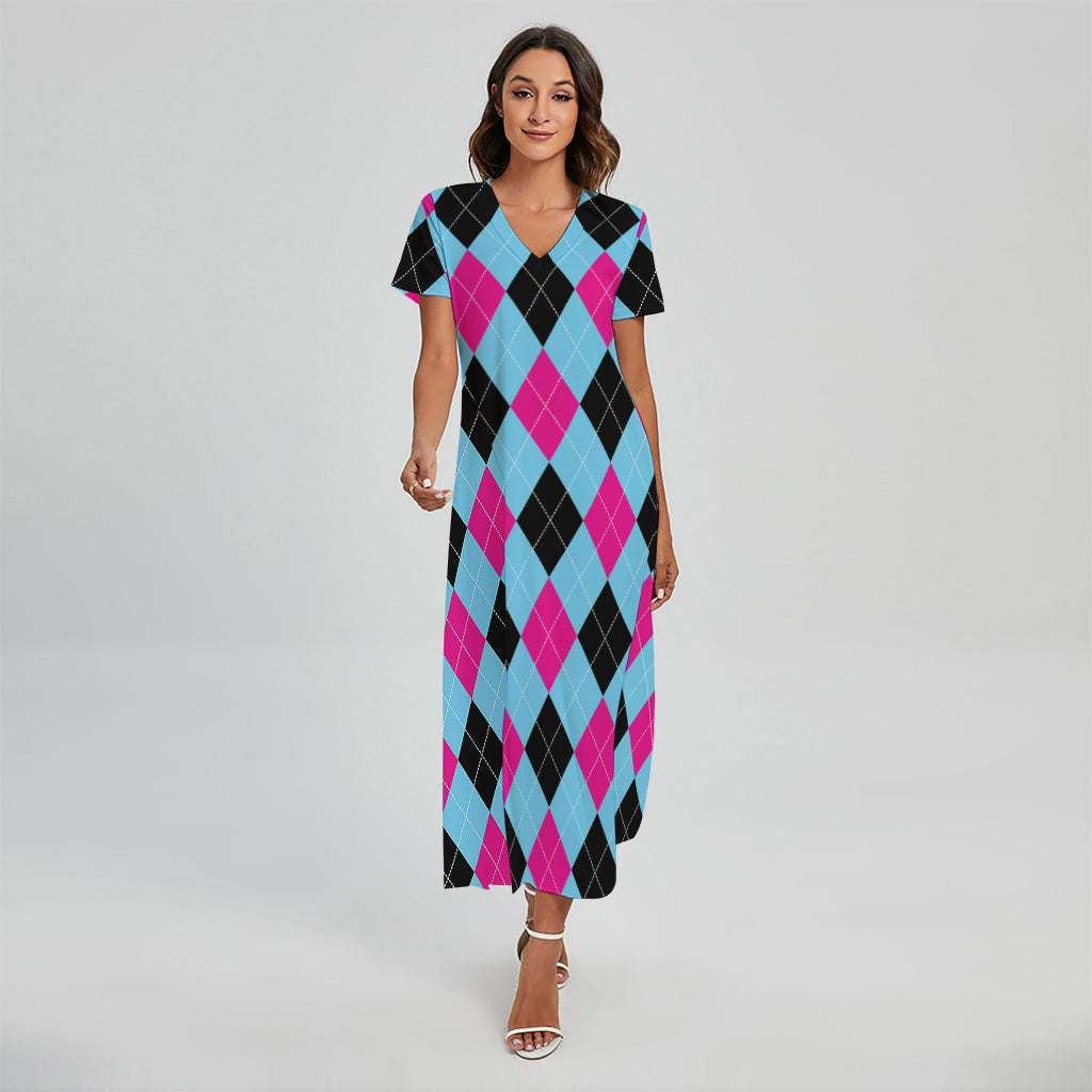 Blue Pink And Black Argyle Pattern Print Short Sleeve Maxi Dress