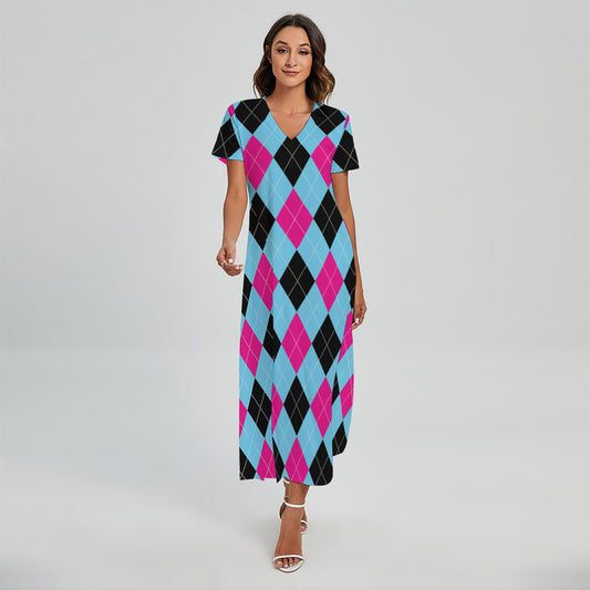 Blue Pink And Black Argyle Pattern Print Short Sleeve Maxi Dress