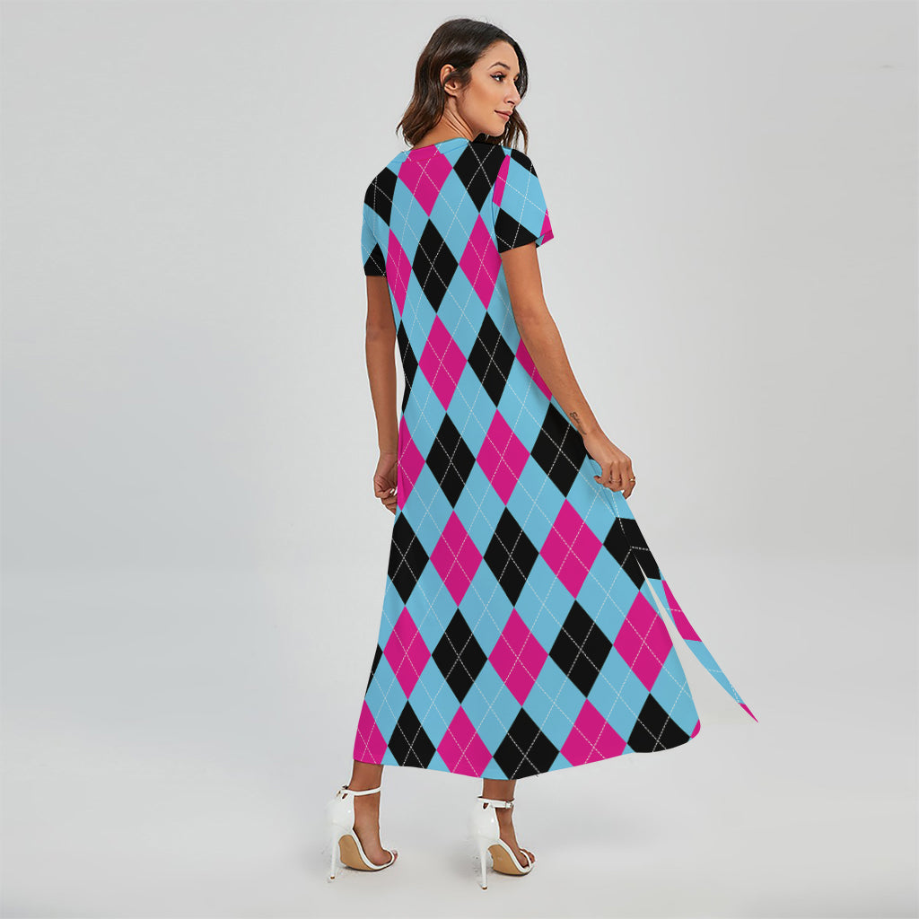 Blue Pink And Black Argyle Pattern Print Short Sleeve Maxi Dress