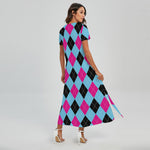 Blue Pink And Black Argyle Pattern Print Short Sleeve Maxi Dress