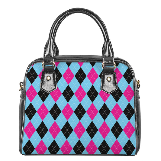 Blue Pink And Black Argyle Pattern Print Shoulder Handbag