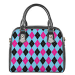 Blue Pink And Black Argyle Pattern Print Shoulder Handbag