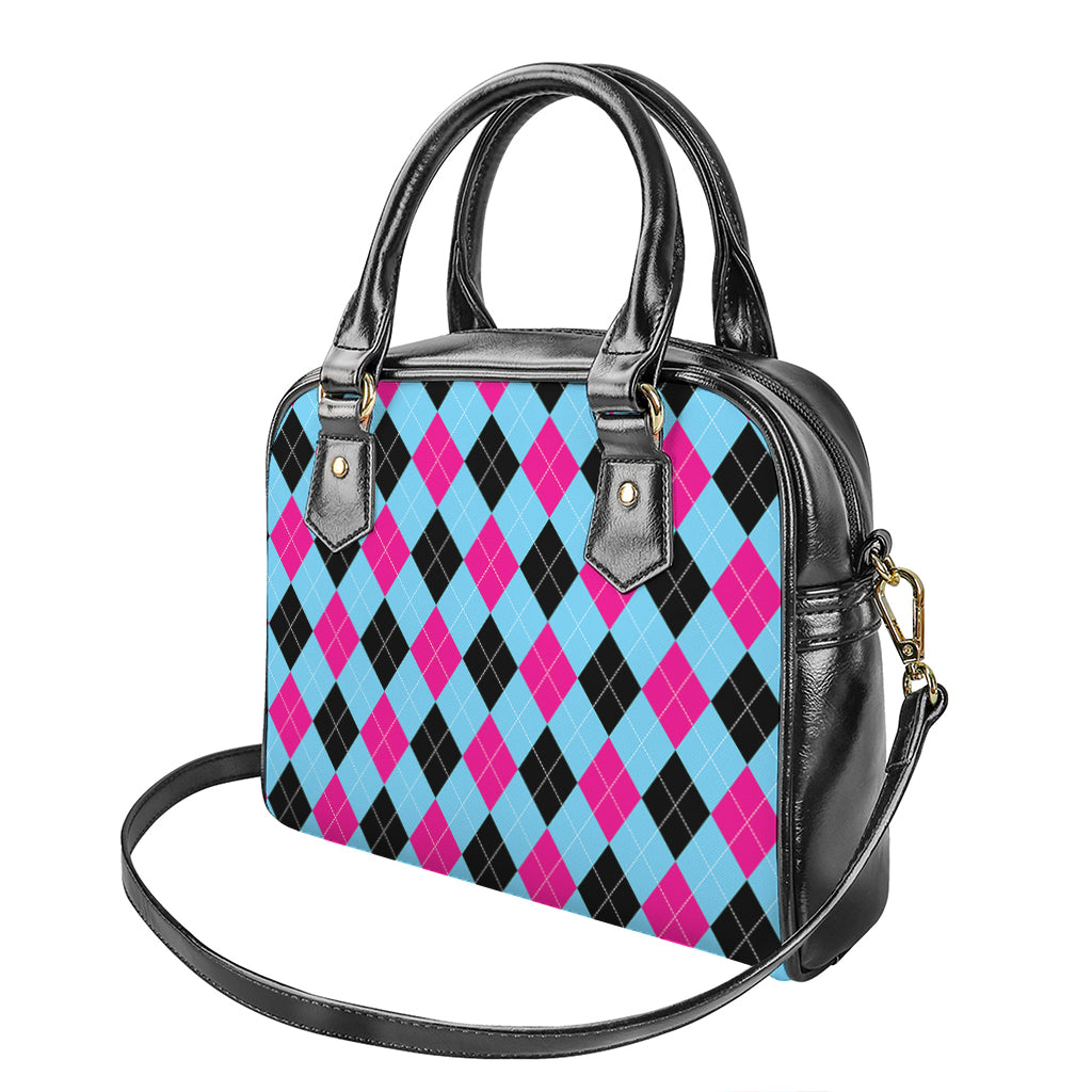 Blue Pink And Black Argyle Pattern Print Shoulder Handbag