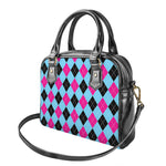 Blue Pink And Black Argyle Pattern Print Shoulder Handbag