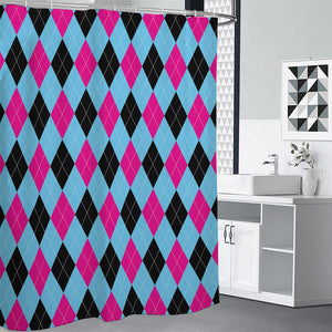 Blue Pink And Black Argyle Pattern Print Shower Curtain