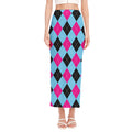 Blue Pink And Black Argyle Pattern Print Side Slit Maxi Skirt