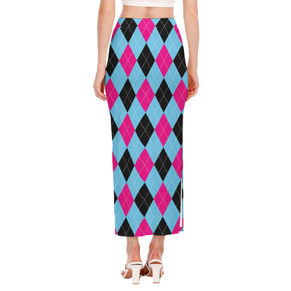 Blue Pink And Black Argyle Pattern Print Side Slit Maxi Skirt