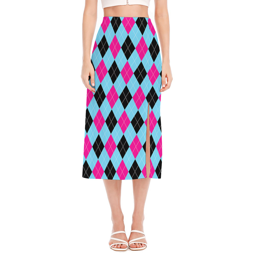 Blue Pink And Black Argyle Pattern Print Side Slit Midi Skirt