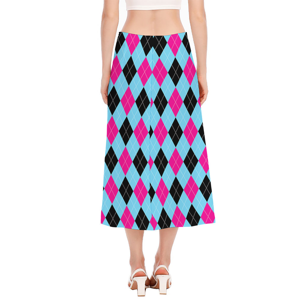 Blue Pink And Black Argyle Pattern Print Side Slit Midi Skirt