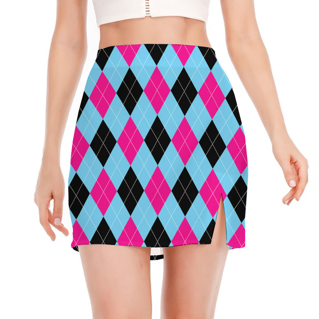 Blue Pink And Black Argyle Pattern Print Side Slit Mini Skirt