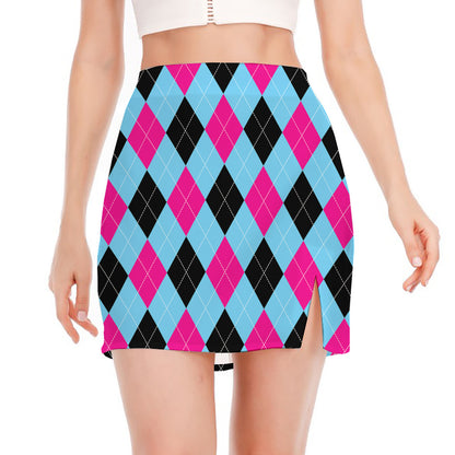 Blue Pink And Black Argyle Pattern Print Side Slit Mini Skirt