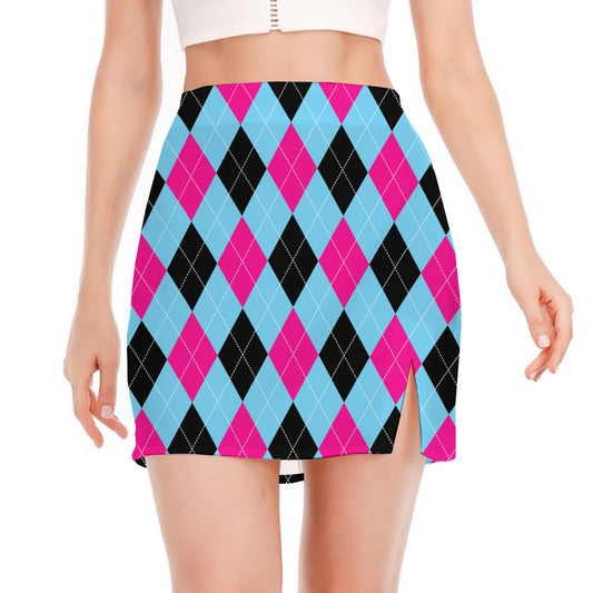 Blue Pink And Black Argyle Pattern Print Side Slit Mini Skirt