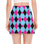 Blue Pink And Black Argyle Pattern Print Side Slit Mini Skirt