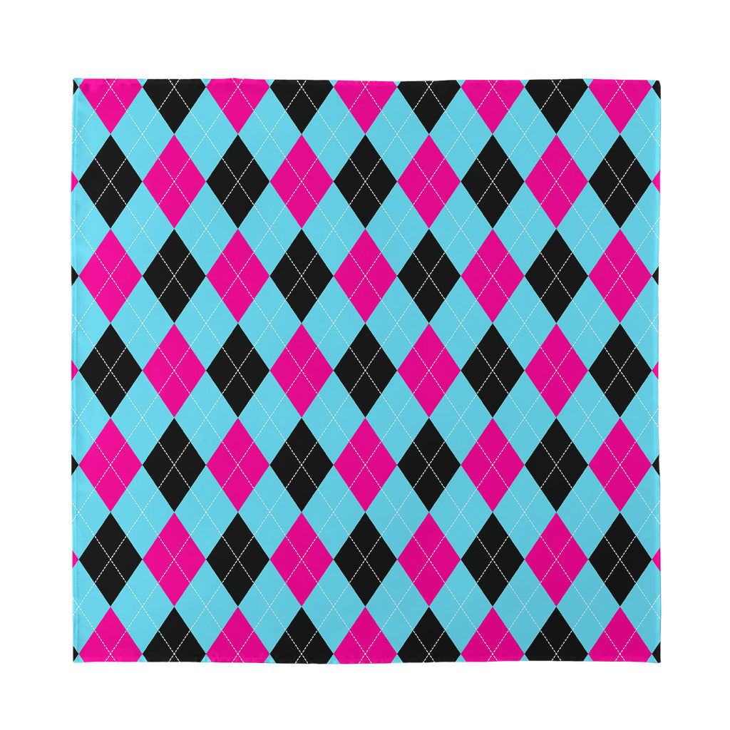 Blue Pink And Black Argyle Pattern Print Silk Bandana