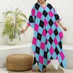 Blue Pink And Black Argyle Pattern Print Silk V-Neck Kaftan Dress