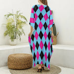 Blue Pink And Black Argyle Pattern Print Silk V-Neck Kaftan Dress