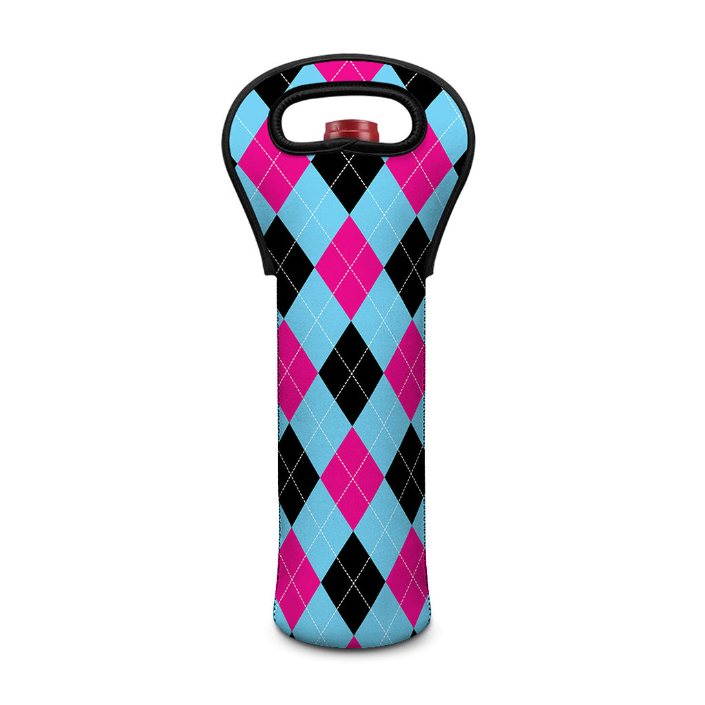 Blue Pink And Black Argyle Pattern Print Single Neoprene Wine Tote