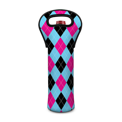 Blue Pink And Black Argyle Pattern Print Single Neoprene Wine Tote
