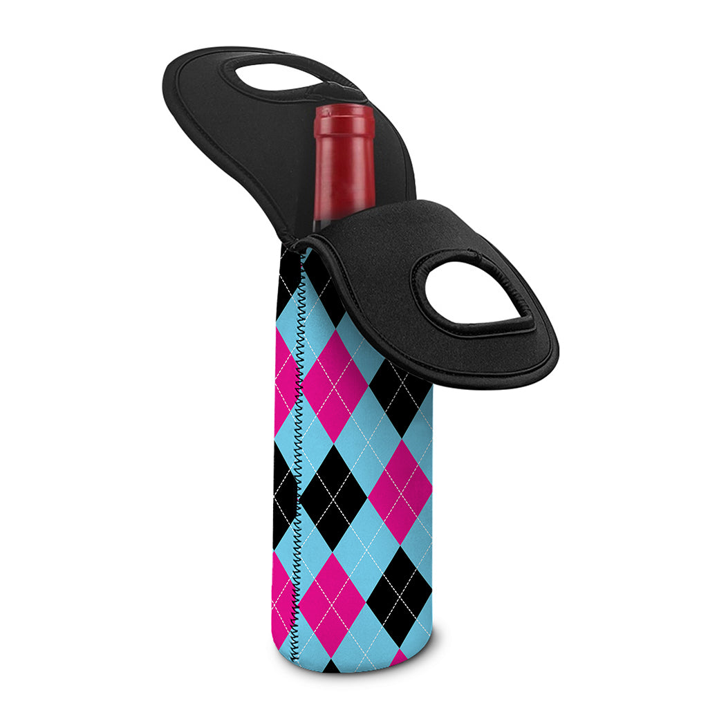 Blue Pink And Black Argyle Pattern Print Single Neoprene Wine Tote