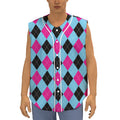 Blue Pink And Black Argyle Pattern Print Sleeveless Baseball Jersey