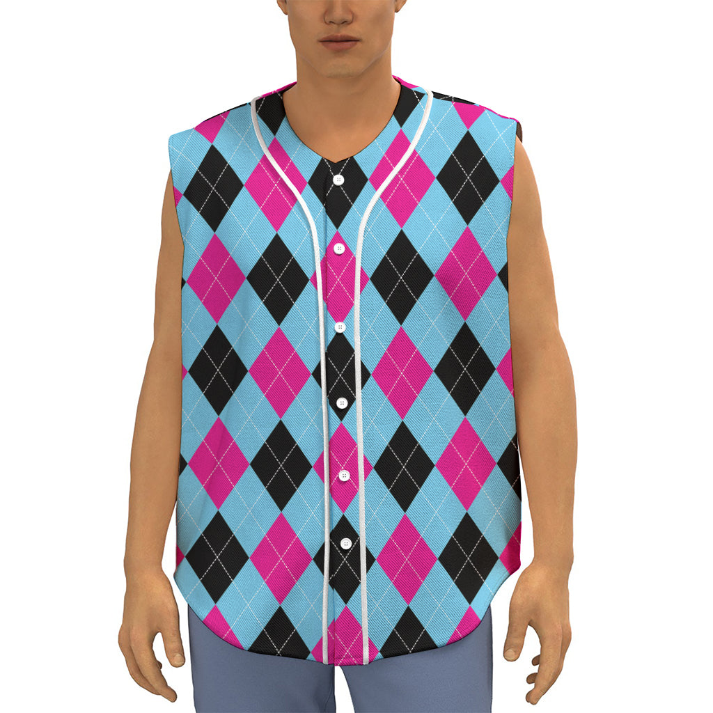 Blue Pink And Black Argyle Pattern Print Sleeveless Baseball Jersey