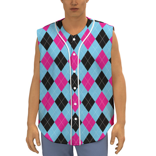 Blue Pink And Black Argyle Pattern Print Sleeveless Baseball Jersey