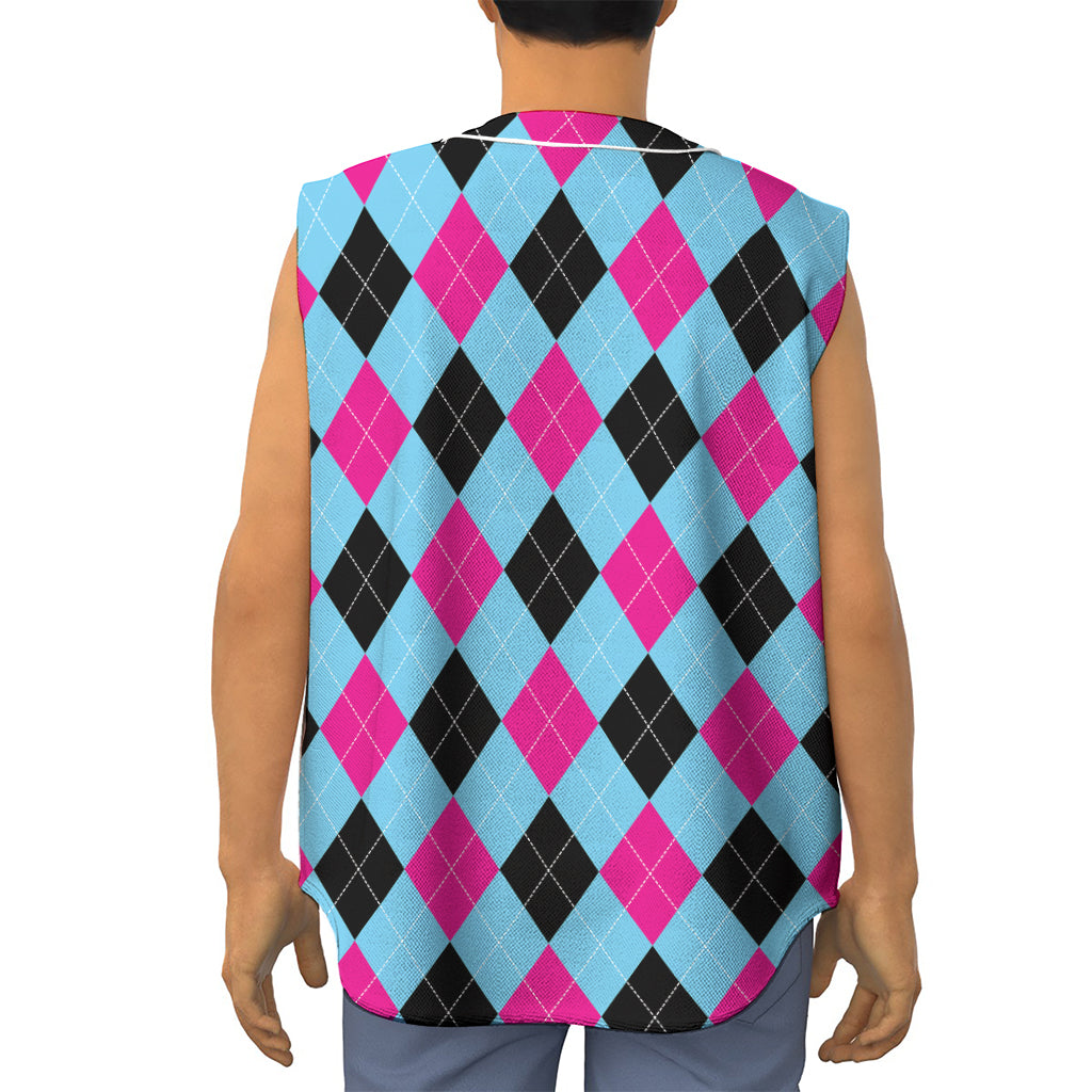 Blue Pink And Black Argyle Pattern Print Sleeveless Baseball Jersey