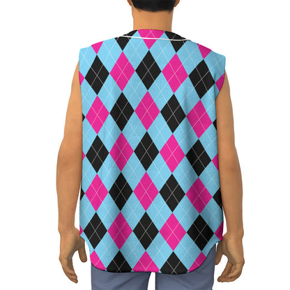 Blue Pink And Black Argyle Pattern Print Sleeveless Baseball Jersey