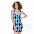 Blue Pink And Black Argyle Pattern Print Sleeveless Bodycon Dress