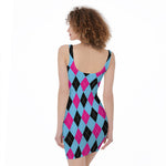 Blue Pink And Black Argyle Pattern Print Sleeveless Bodycon Dress