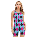 Blue Pink And Black Argyle Pattern Print Sleeveless One Piece Swimsuit