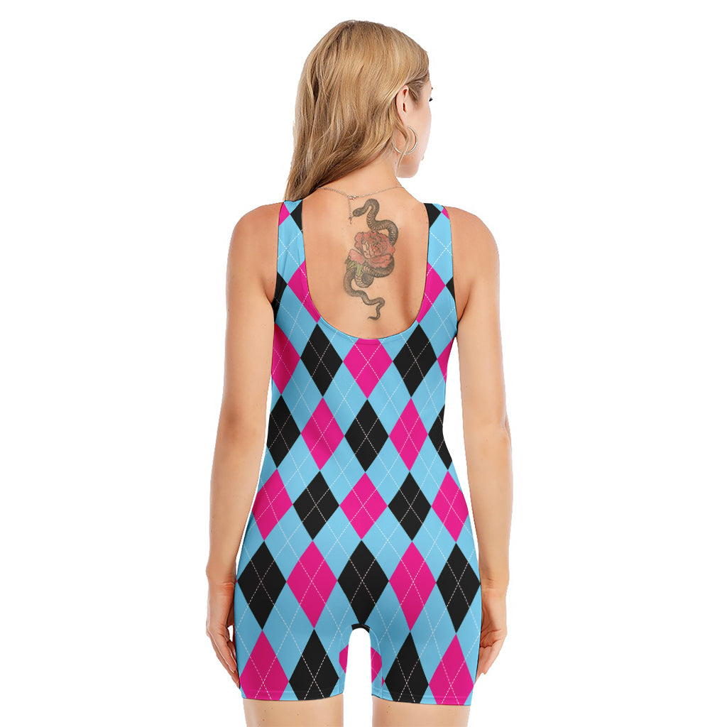 Blue Pink And Black Argyle Pattern Print Sleeveless One Piece Swimsuit