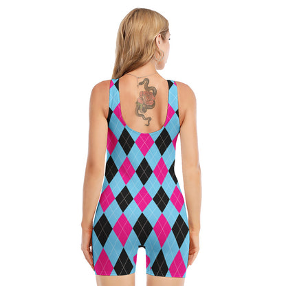 Blue Pink And Black Argyle Pattern Print Sleeveless One Piece Swimsuit
